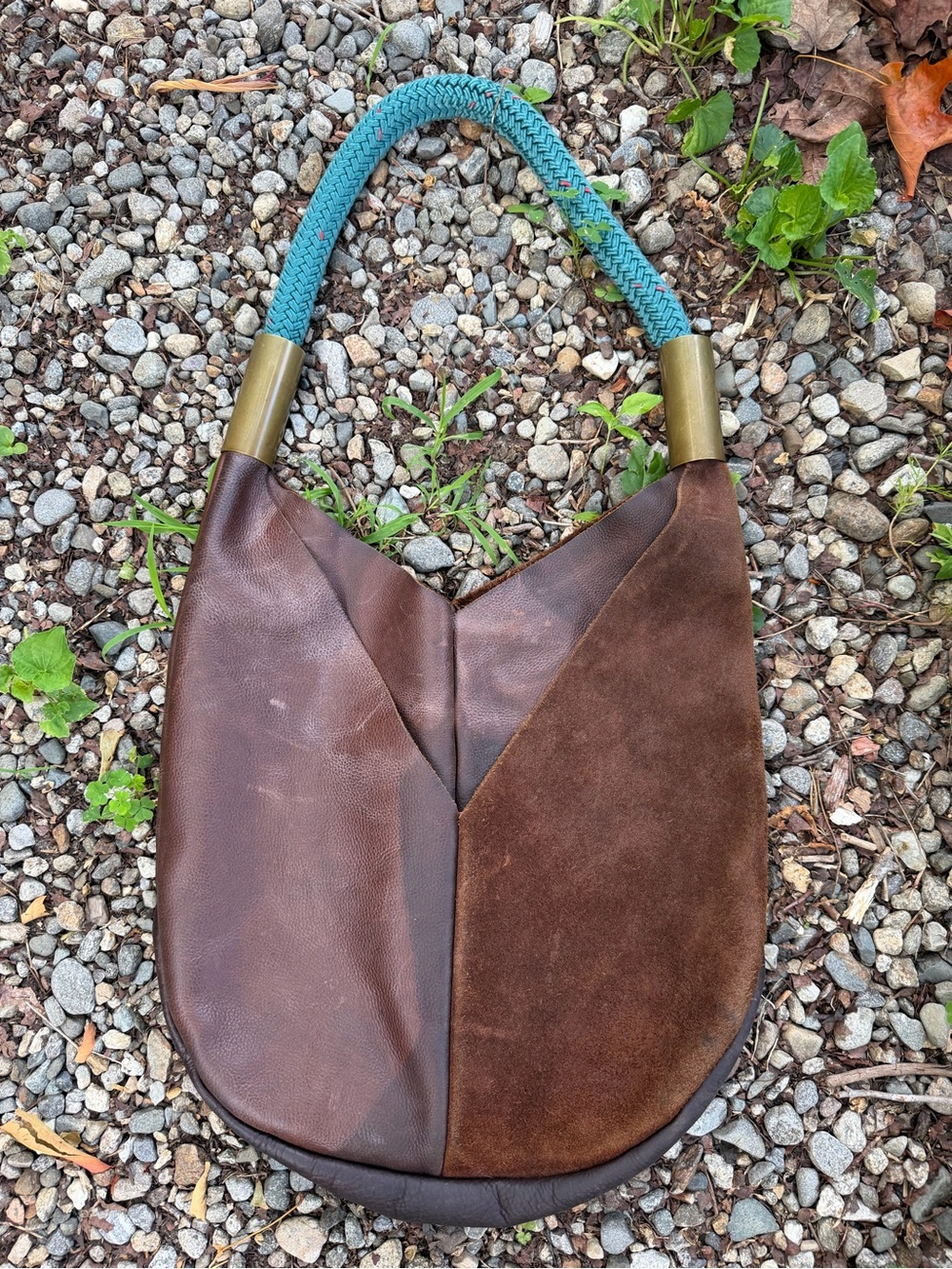 WILDWOOD OYSTER CO Brown Leather and Suede Shoulder Bag Seaside Teal Dock Rope - Picture 4 of 11